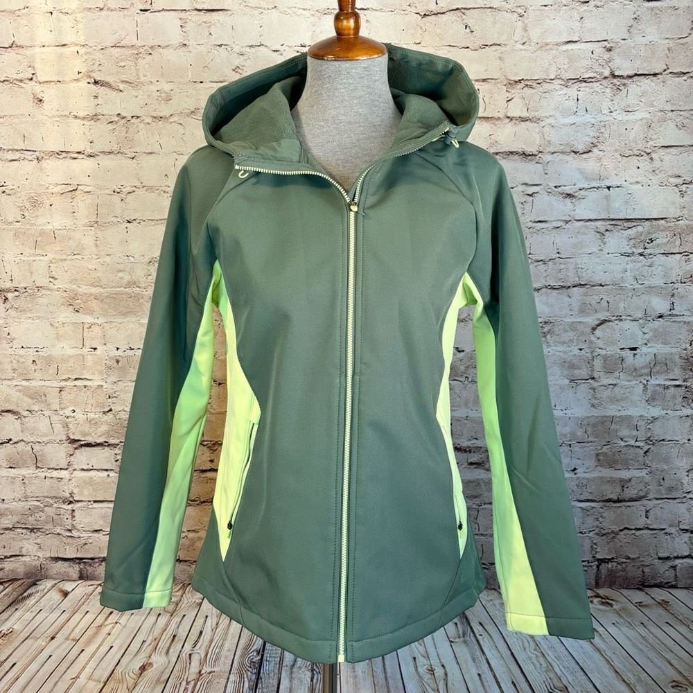 Asics Softshell Green Jacket Hood Full Zip Color Block Rain Water Resistant Med